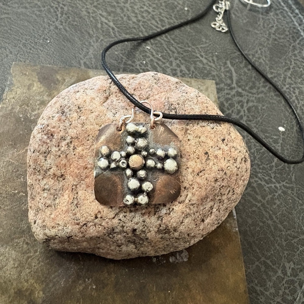 Sterling Silver copper Dot Cross pendant Necklace hand made